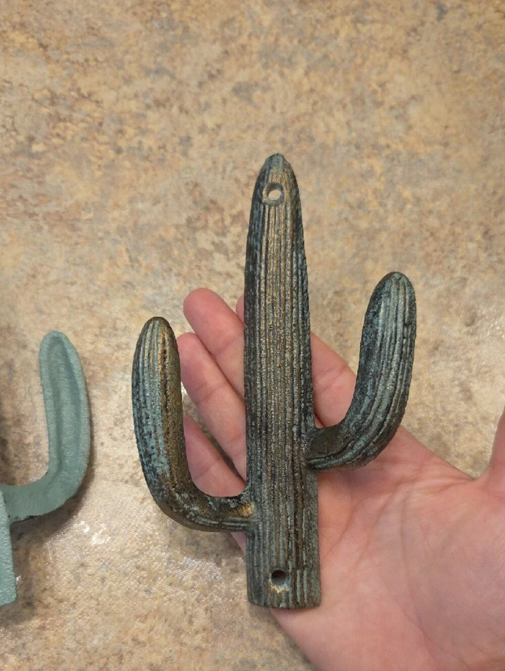 Rustic Cactus Wall Hooks - Distressed Teal Green Pair